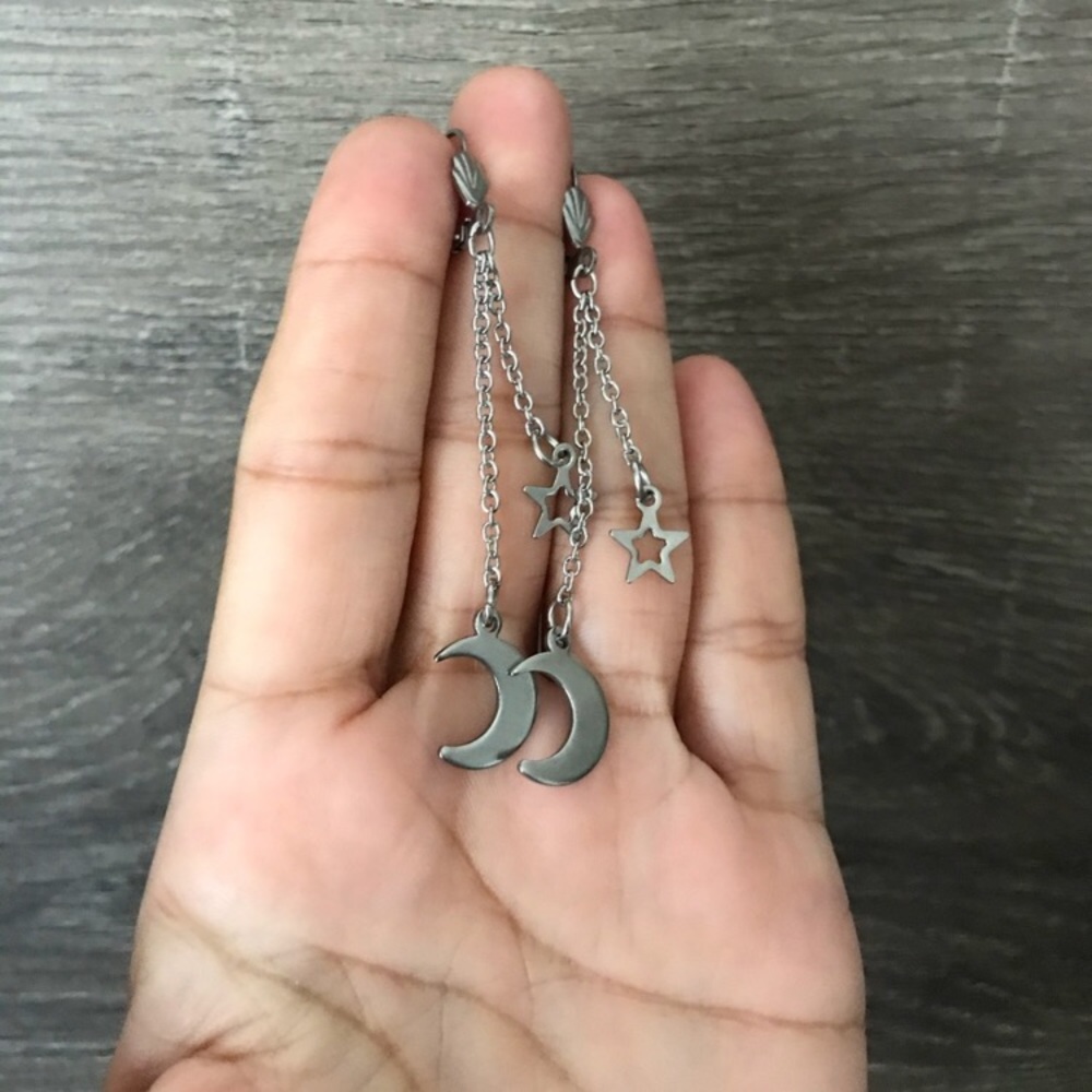 Moon and Star Stainless Steel Dangle Earrings - Picture 3 of 3